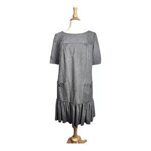 Trina Turk Shift Dress 10 Knit Wool Blend Gray Gold Pockets Ruffle Pleat USA